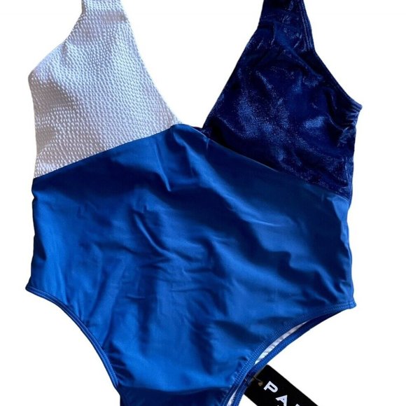 Paper London Cori One Piece Swimsuit Large NWT White Blue Size M - Picture 9 of 9